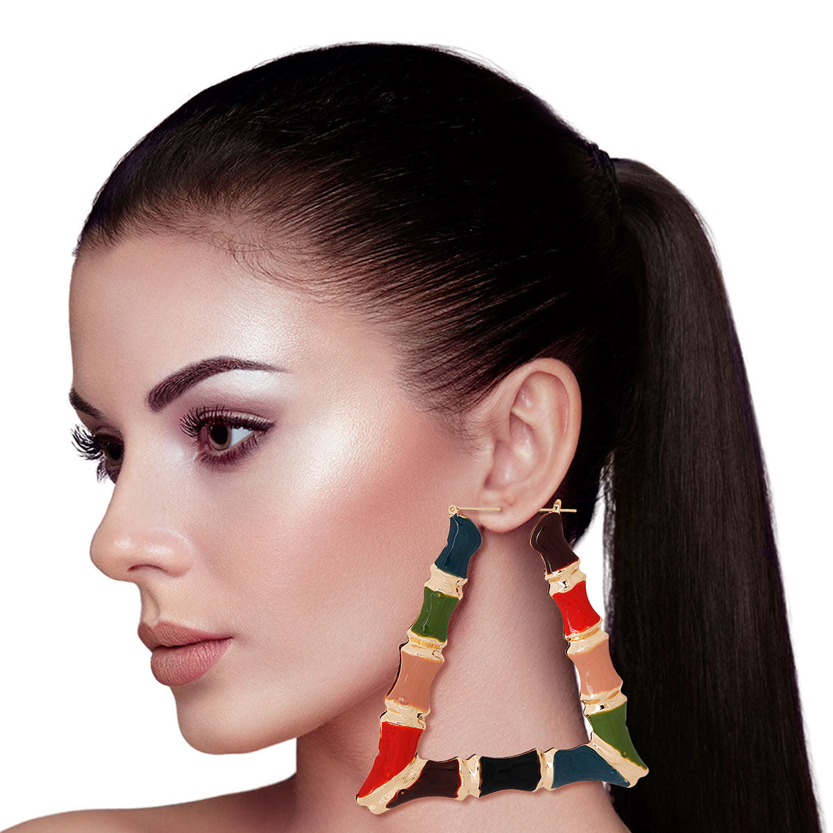 Trendy Multi Color Bamboo Trapezoid Hoop Earrings Statement Jewelry