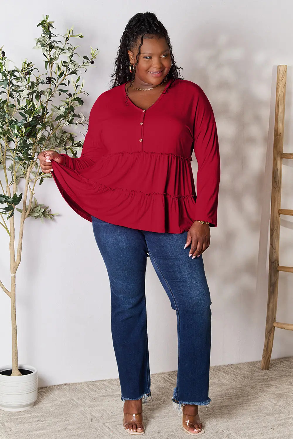 I am a Fashion Junky Take Half Button Long Sleeve Ruffle Hem Blouse