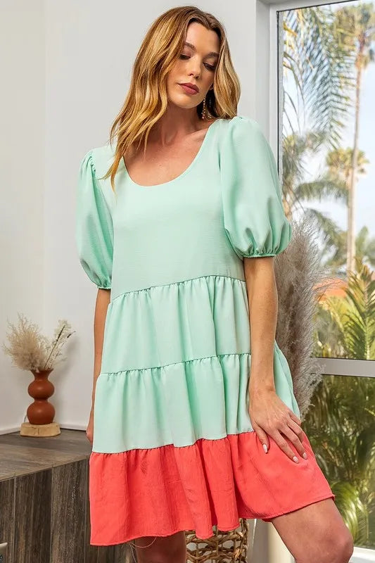 Two-Tone Balloon Sleeves U Neck Tiered Ruffle Hem Mini Dress