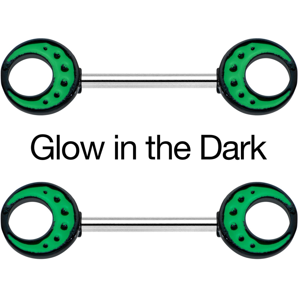 14G 9/16 Deep Green Moon Glow in the Dark Barbell Nipple Ring Set
