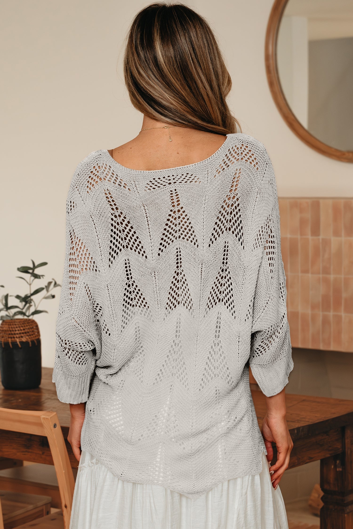 Seagrass Hollow Out Knit 7/8 Sleeve Casual Sweater