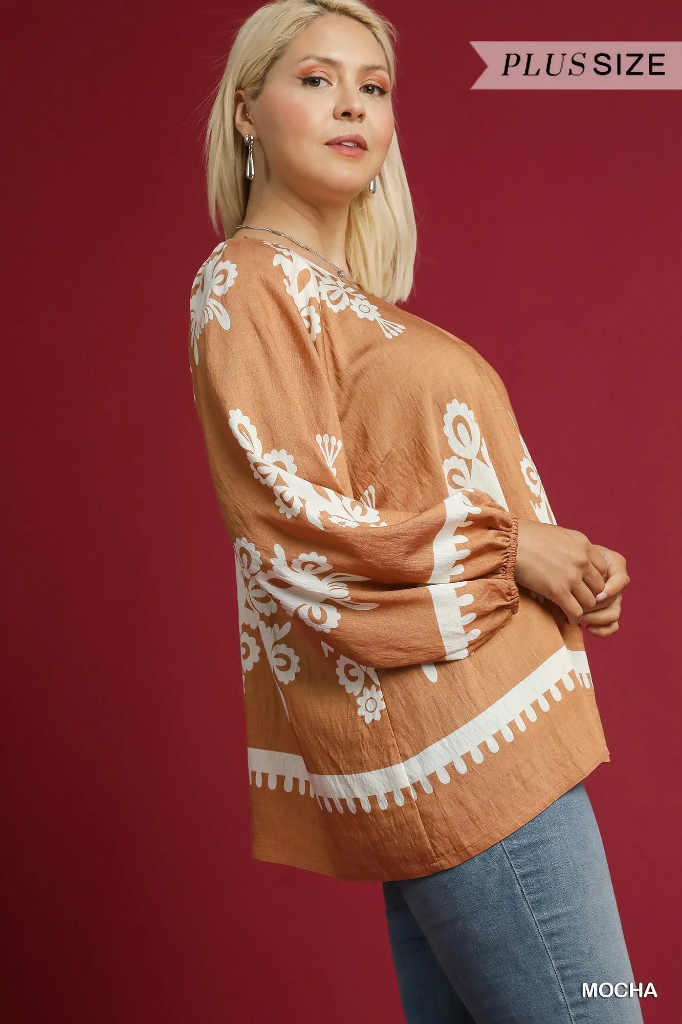 Full Size Two Tone Border Print Top with Balloon Sleeves Plus Size
