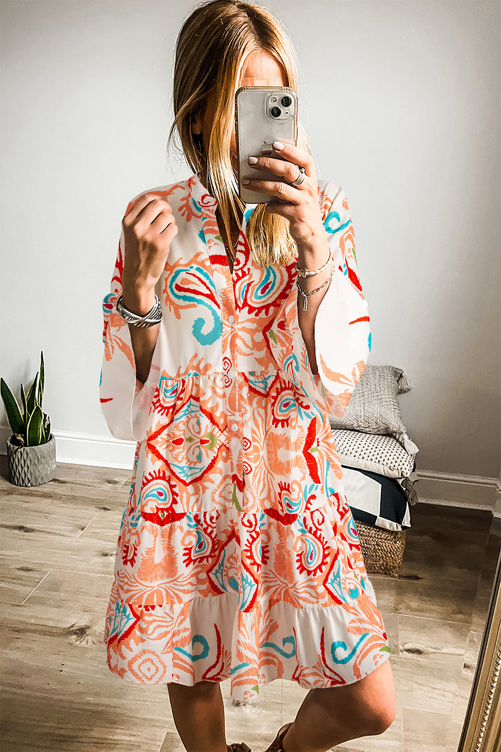 Orange Boho Paisley Print Bracelet Sleeve Mini Dress