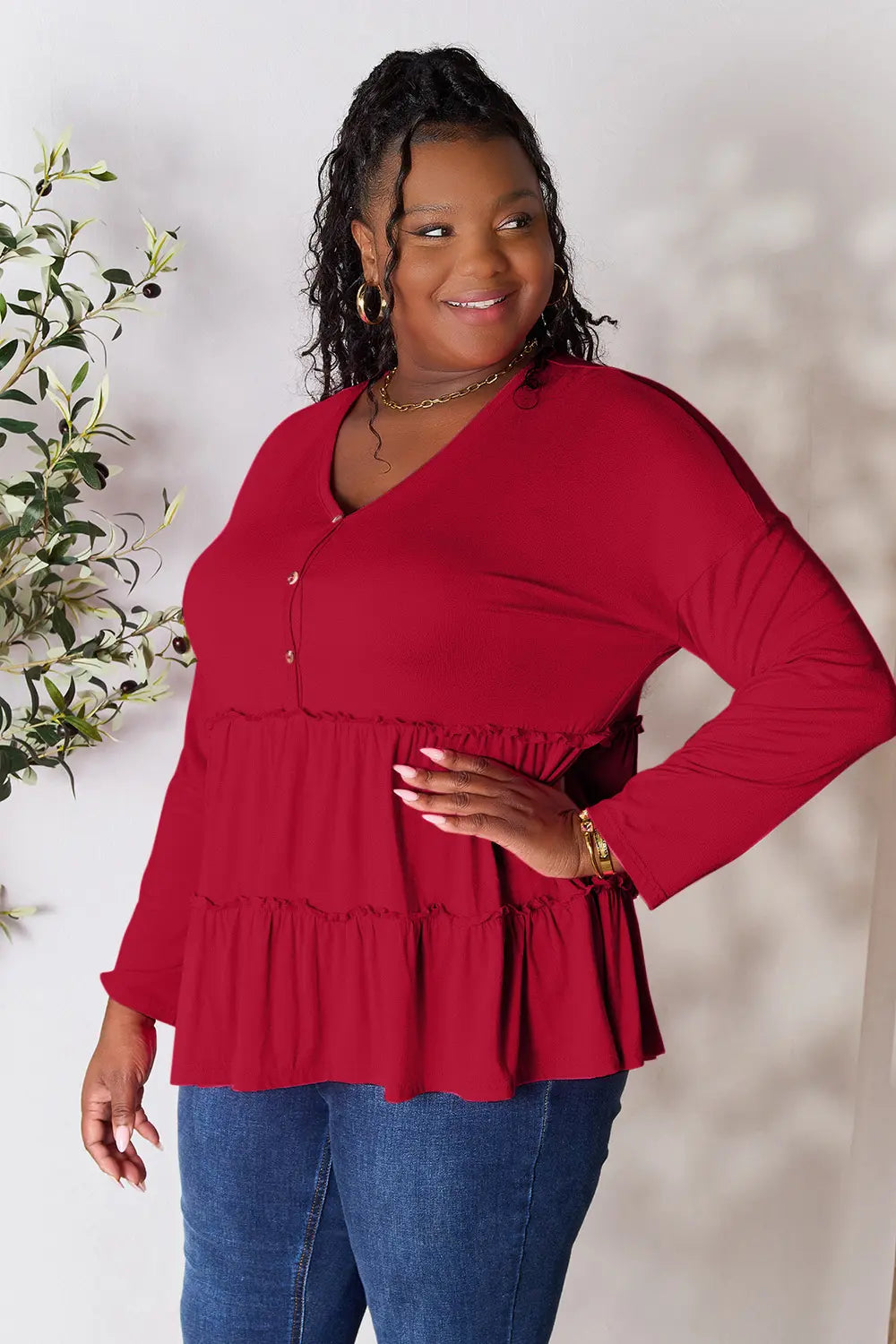 I am a Fashion Junky Take Half Button Long Sleeve Ruffle Hem Blouse