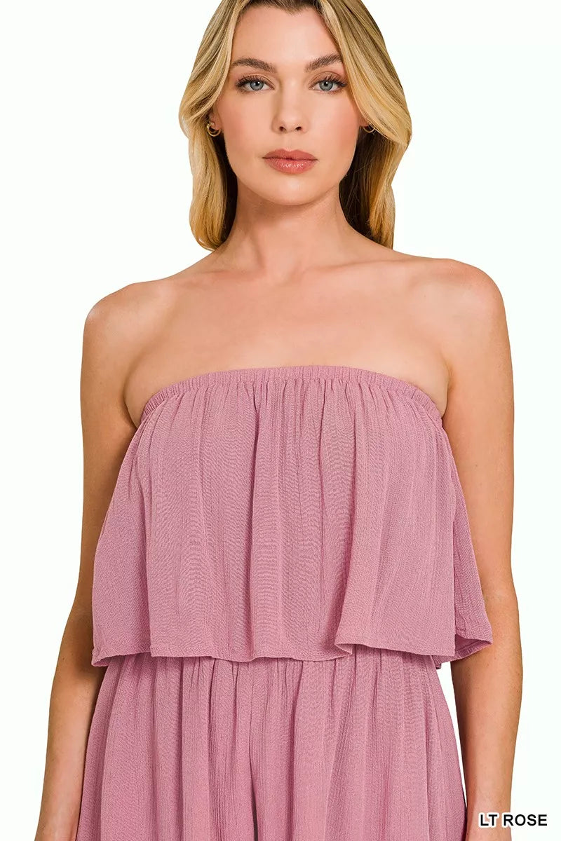 Woven Crinkle Strapless Rompers
