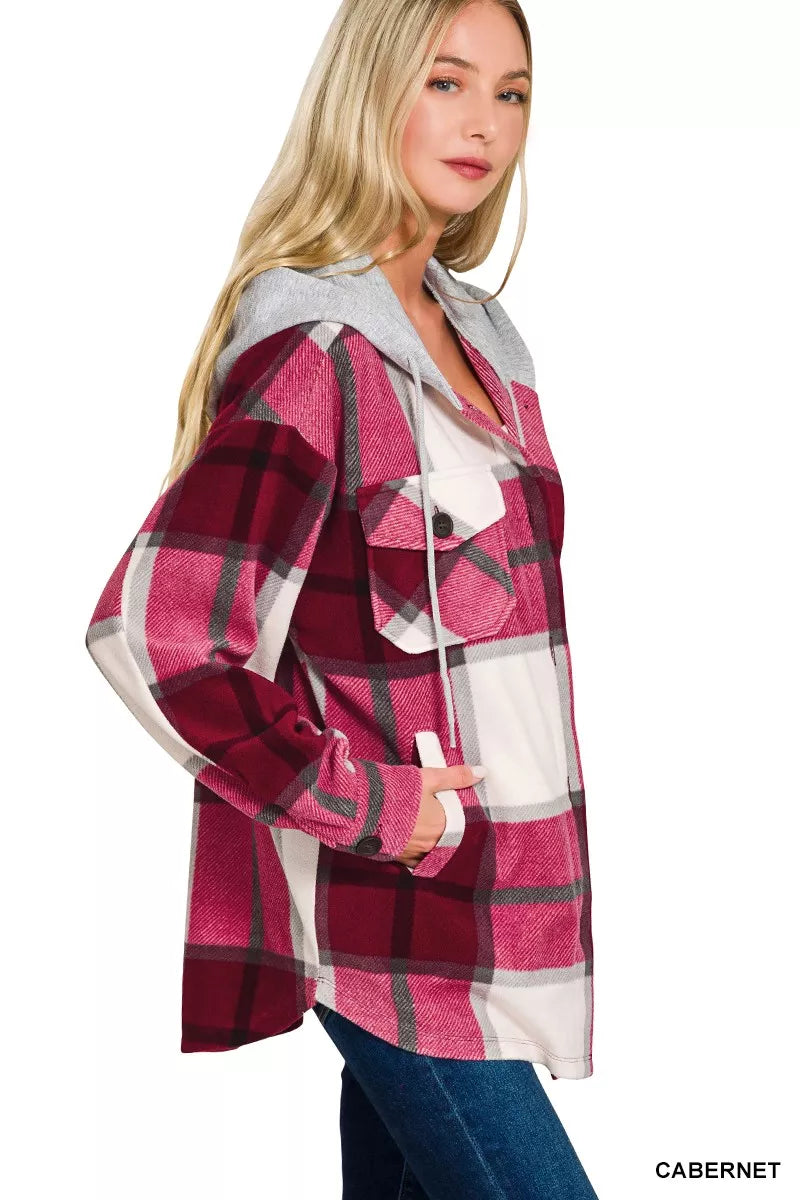 Plaid Drawstring Hooded Fleece Shacket