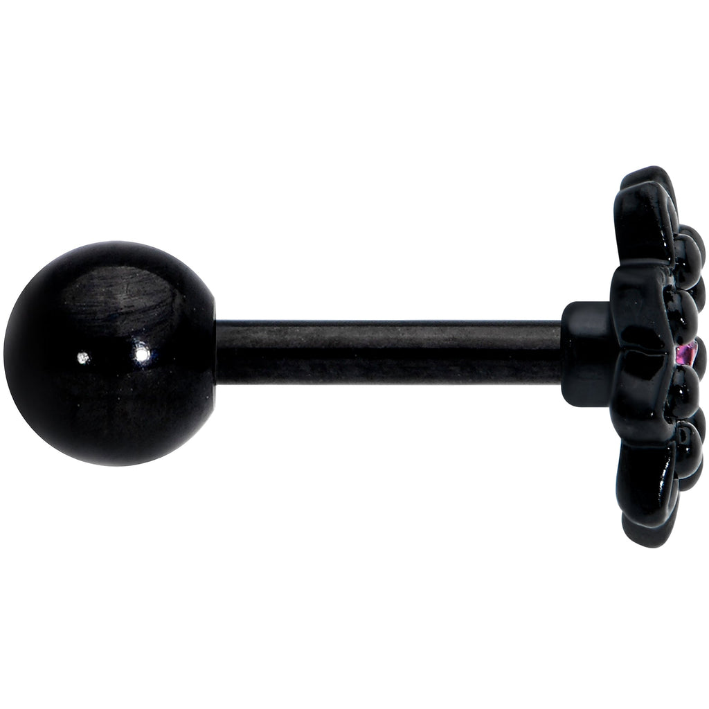 16G 1/4 Pink Gem Black Midnight Flower Cartilage Tragus Earring