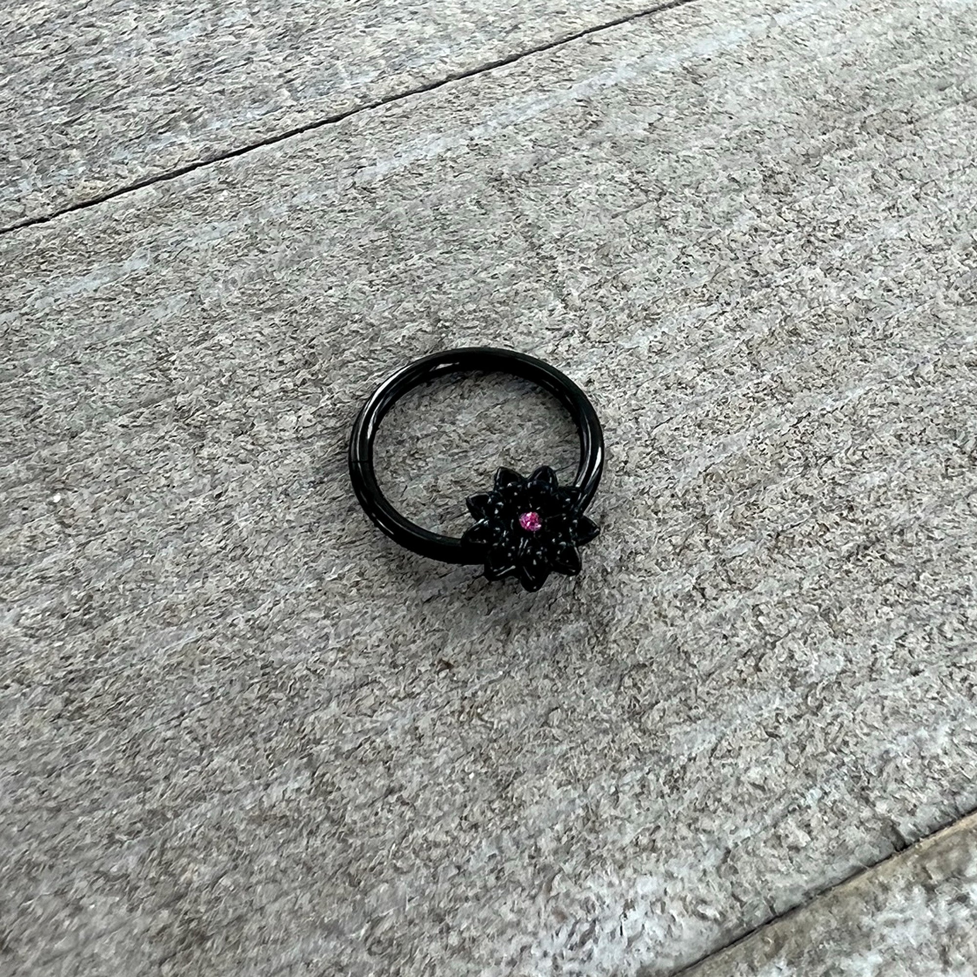 16G 3/8 Pink Gem Black Starry Flower Hinged Segment Ring