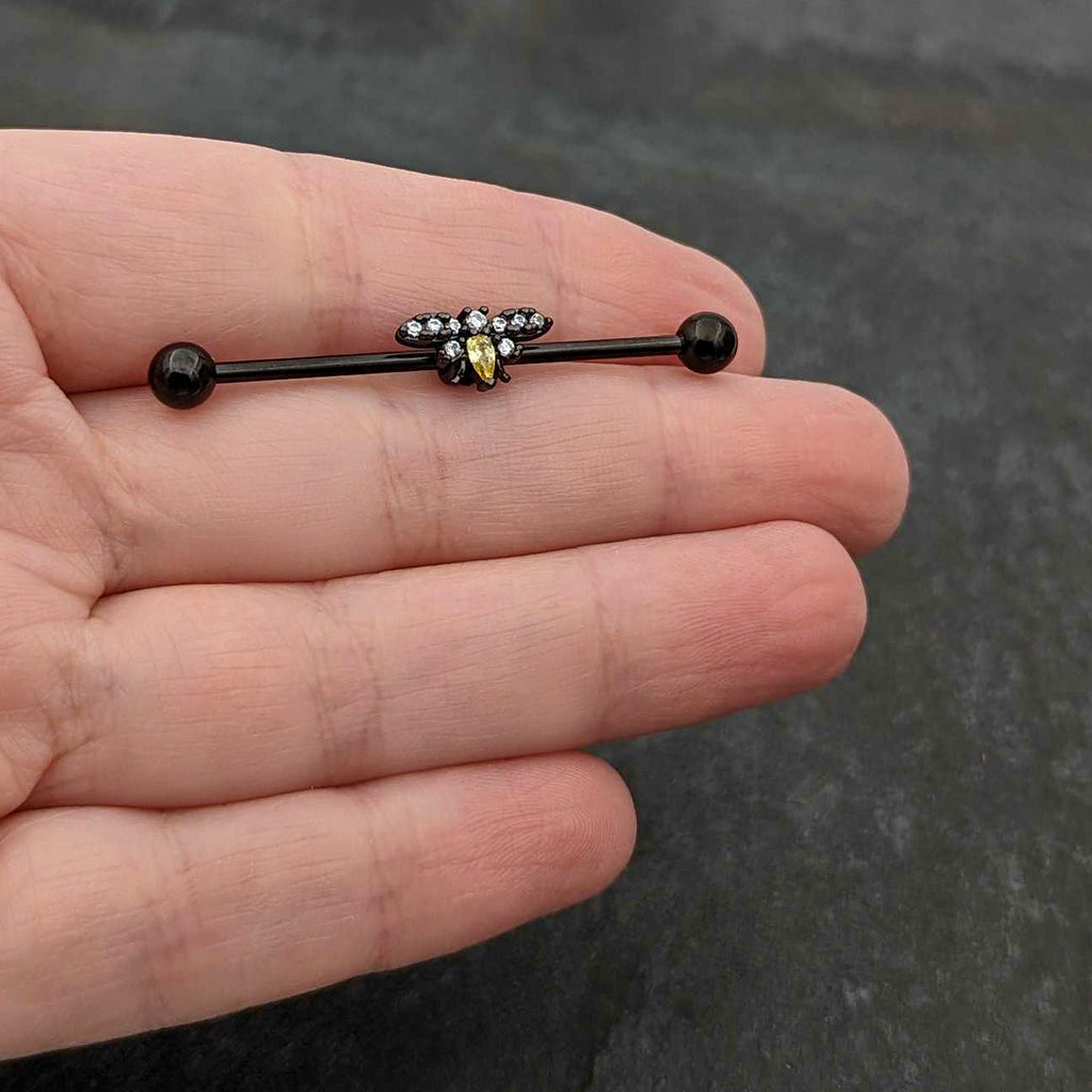 14G Yellow Clear Gem Black Butterfly Industrial Barbell 38mm