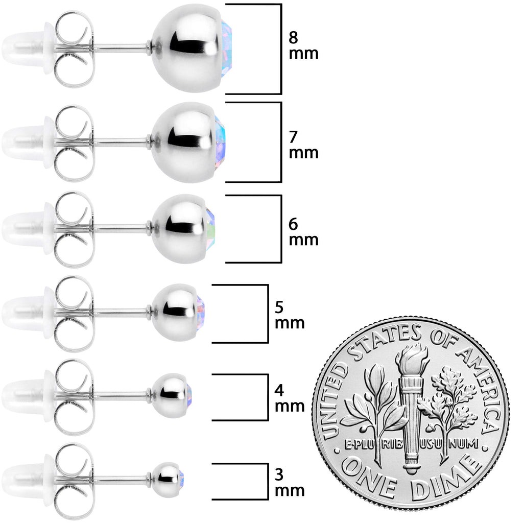 Aurora Gem 3mm to 8mm Ball End Stud Earrings Set of 6
