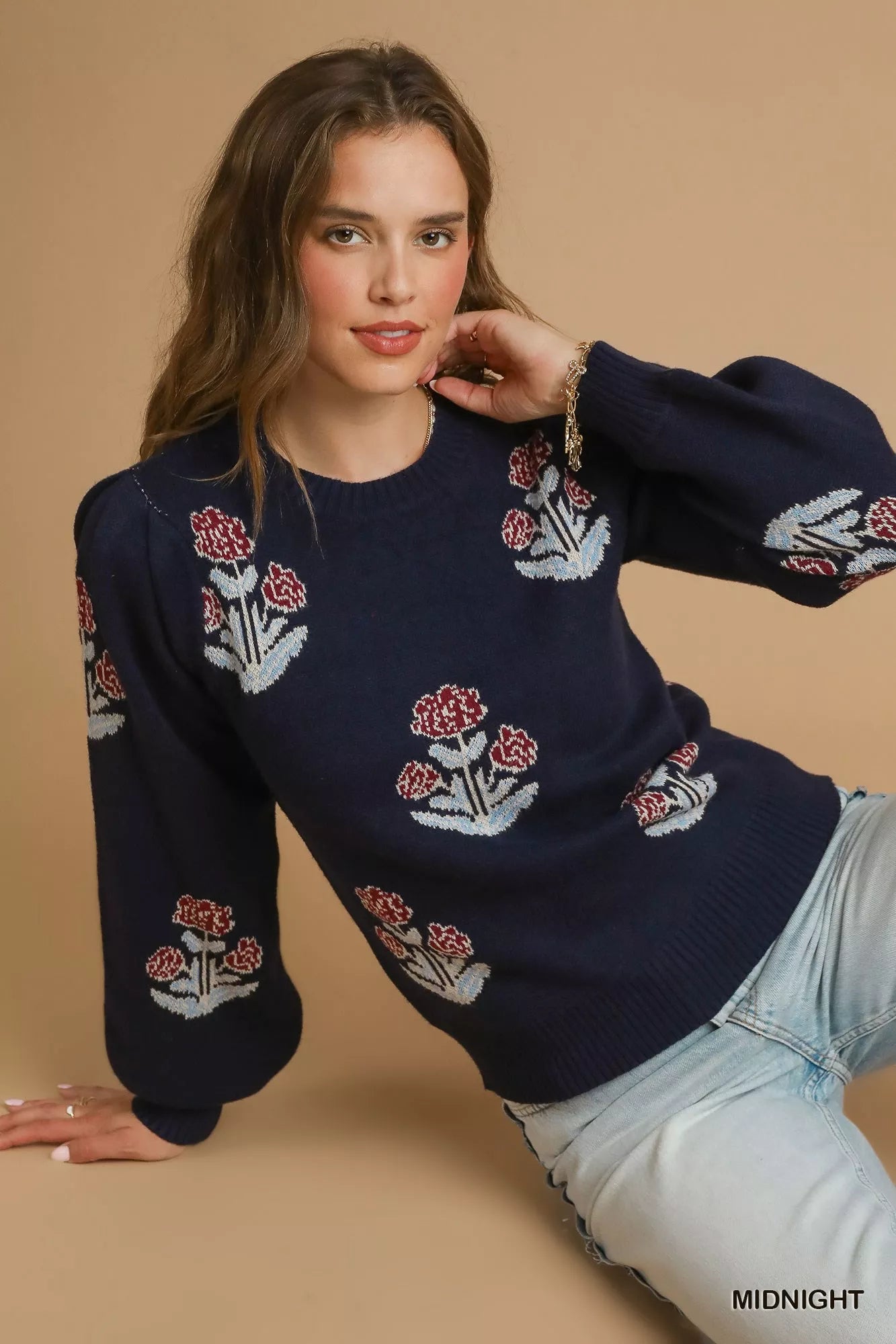 Floral Knit Sweater with Puff Sleeves