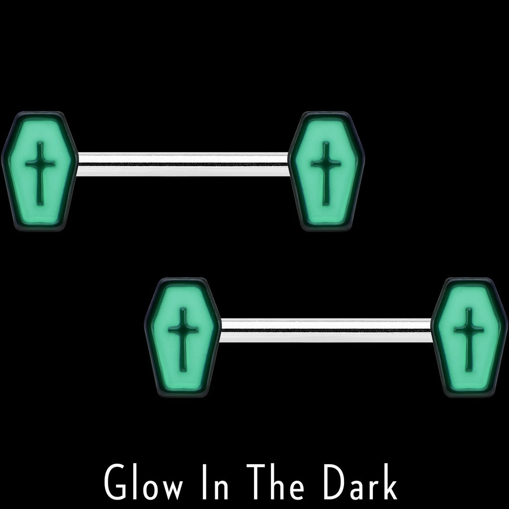 14G 9/16 Creepy Coffin Lt Purple Glow in the Dark Nipple Ring Set