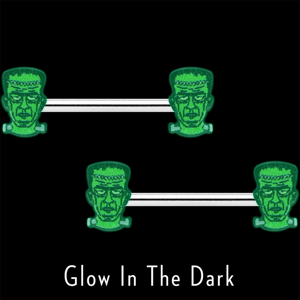 14G 9/16 Frankenstein Head Green Glow in the Dark Nipple Ring Set