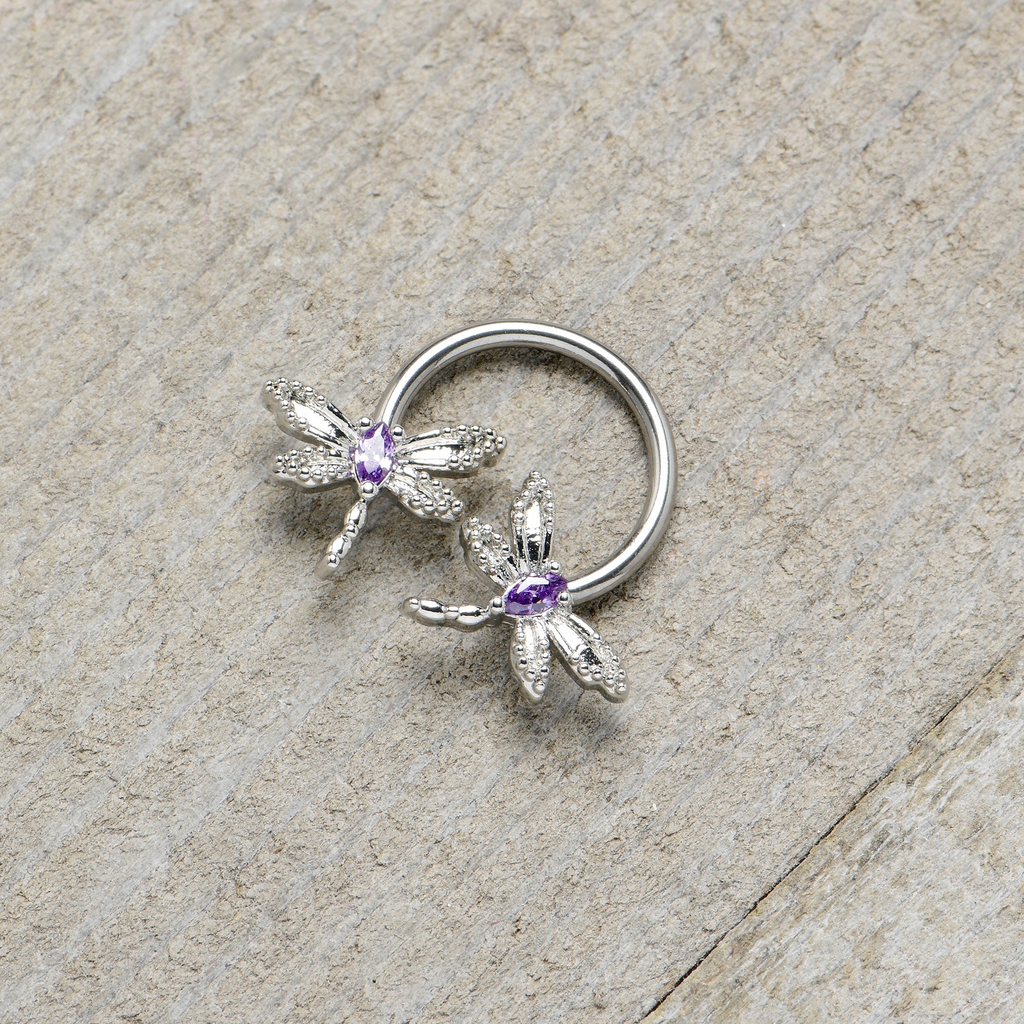 16G 3/8 Purple CZ Gem Open Dragonfly Horseshoe Circular Barbell