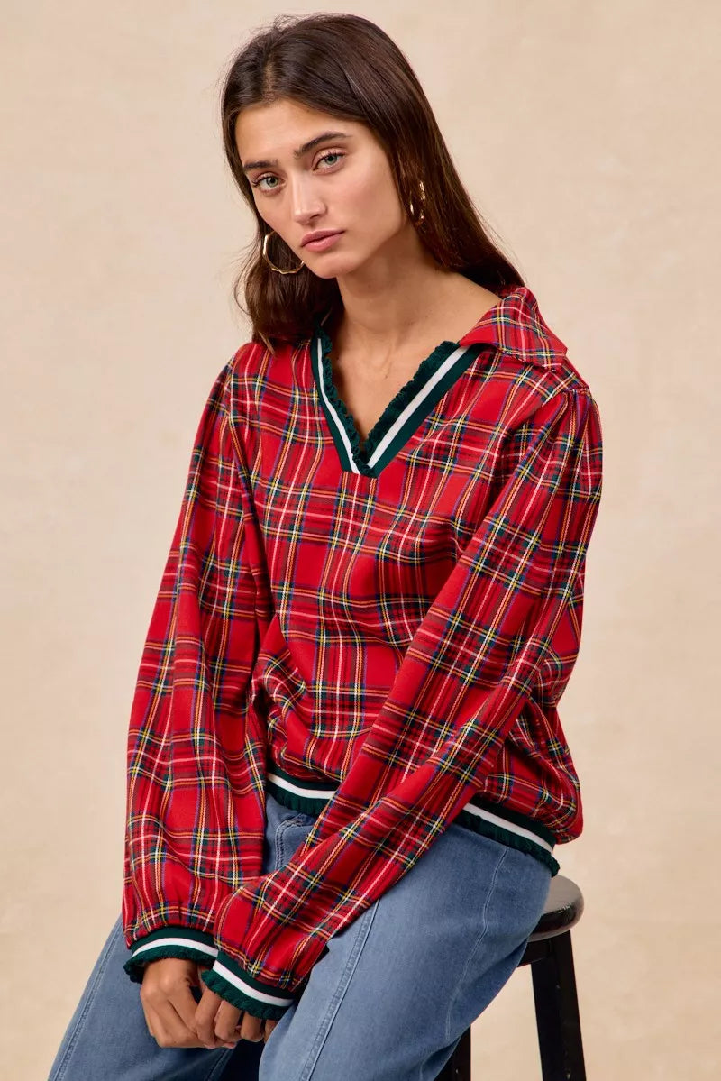 Christmas Plaid Collared Top with Ruffled Detail