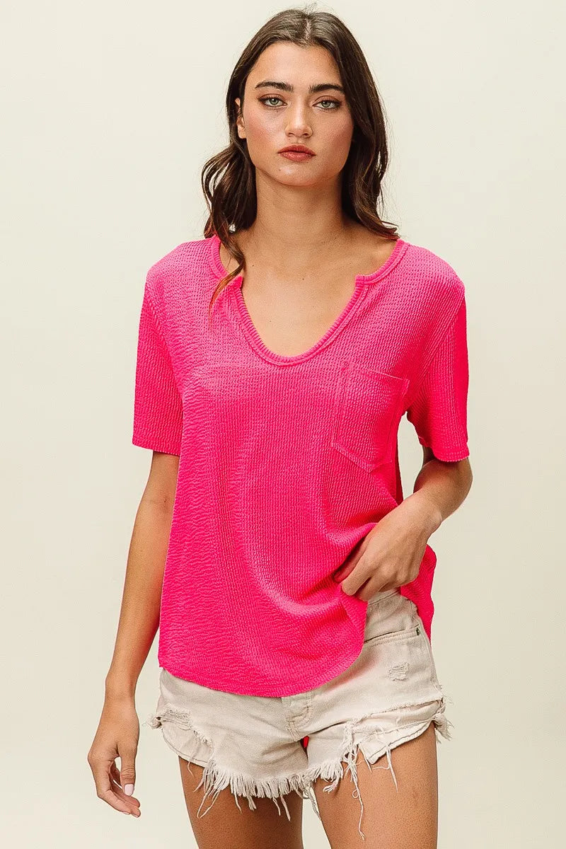 Waved Rib U Neck Top With Front Pocket