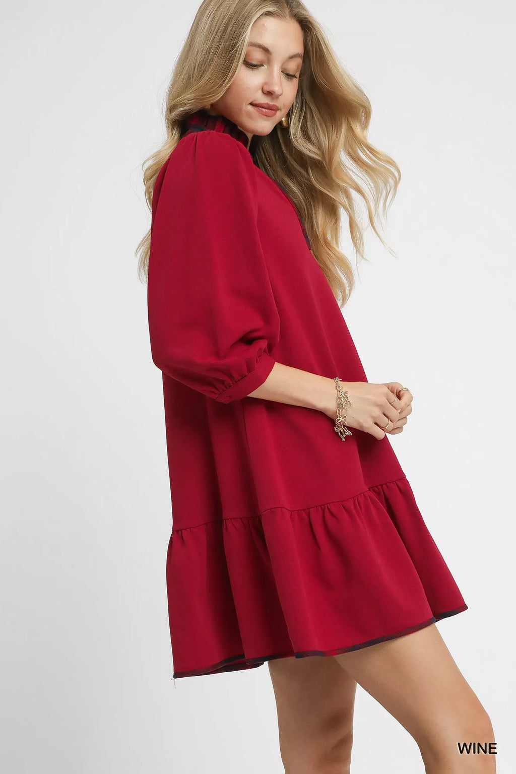 French Terry Ruffle Hem Dress with Plaid Trim