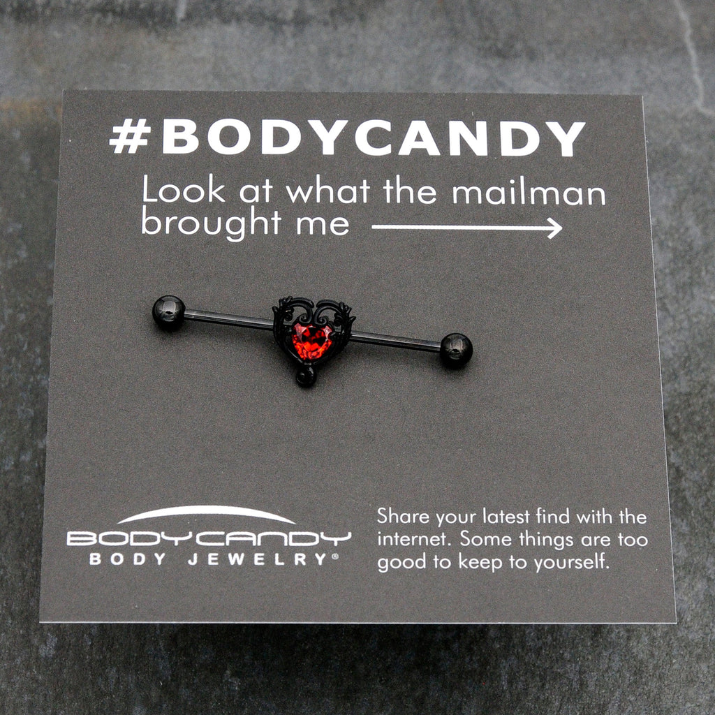 14G Red CZ Gem Black Passion Heart Industrial Barbell 38mm