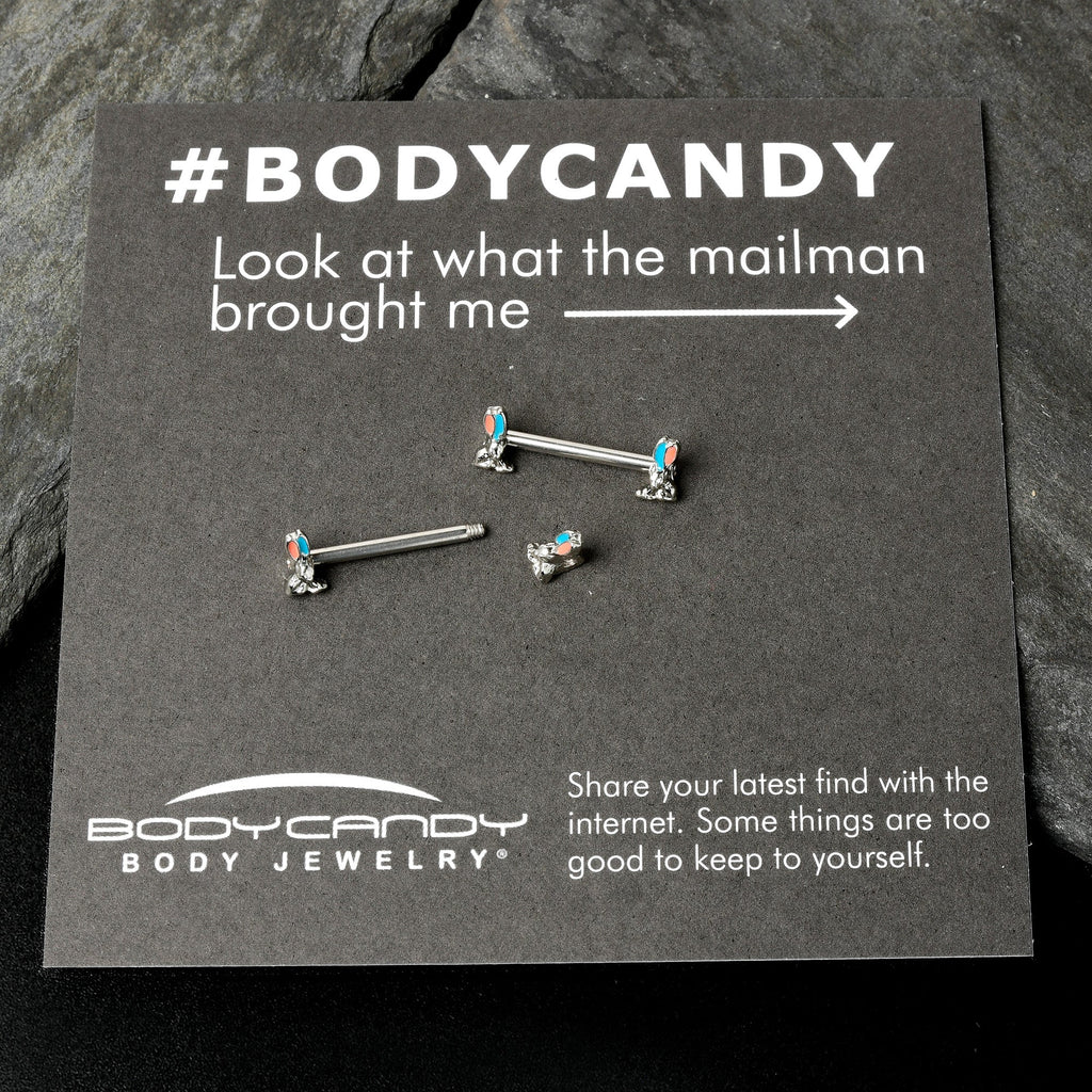 14G 9/16 Easter Bunny Blue Red Ears Barbell Nipple Ring Set