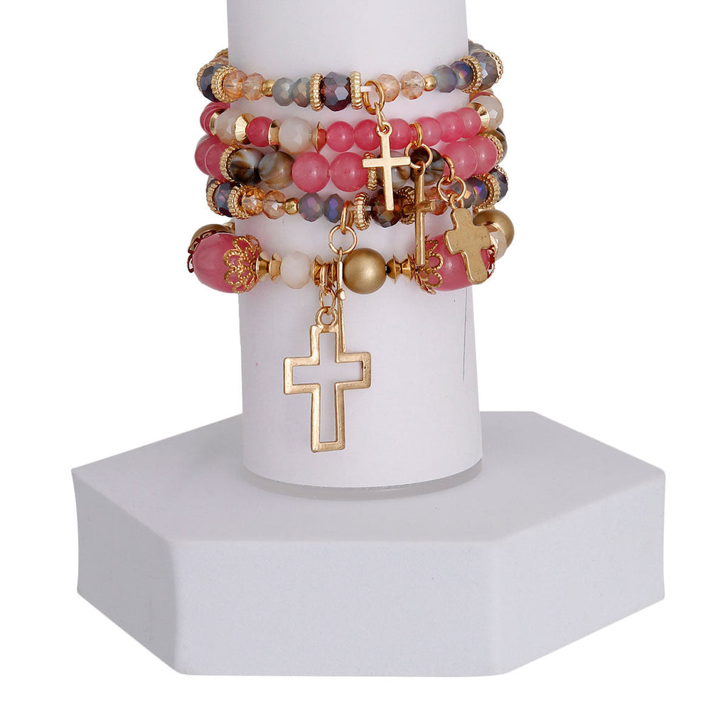 Bracelets with Pink Glass Bead Crosses – Trendy Fashion Jewelry Accessory