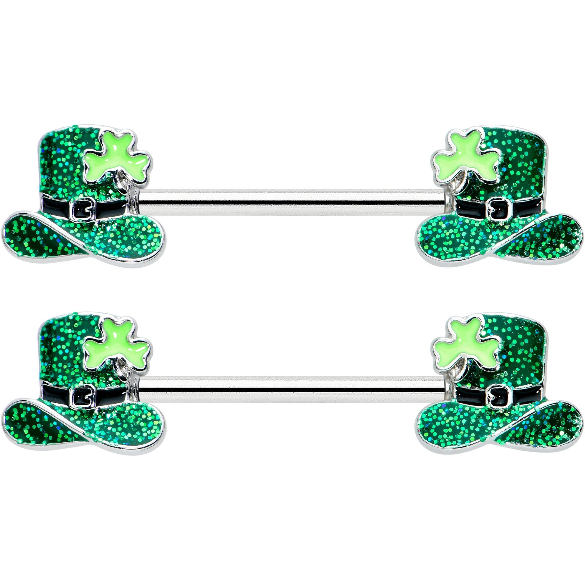 14G 9/16 Glitter Top Hat Shamrock Barbell Nipple Ring Set