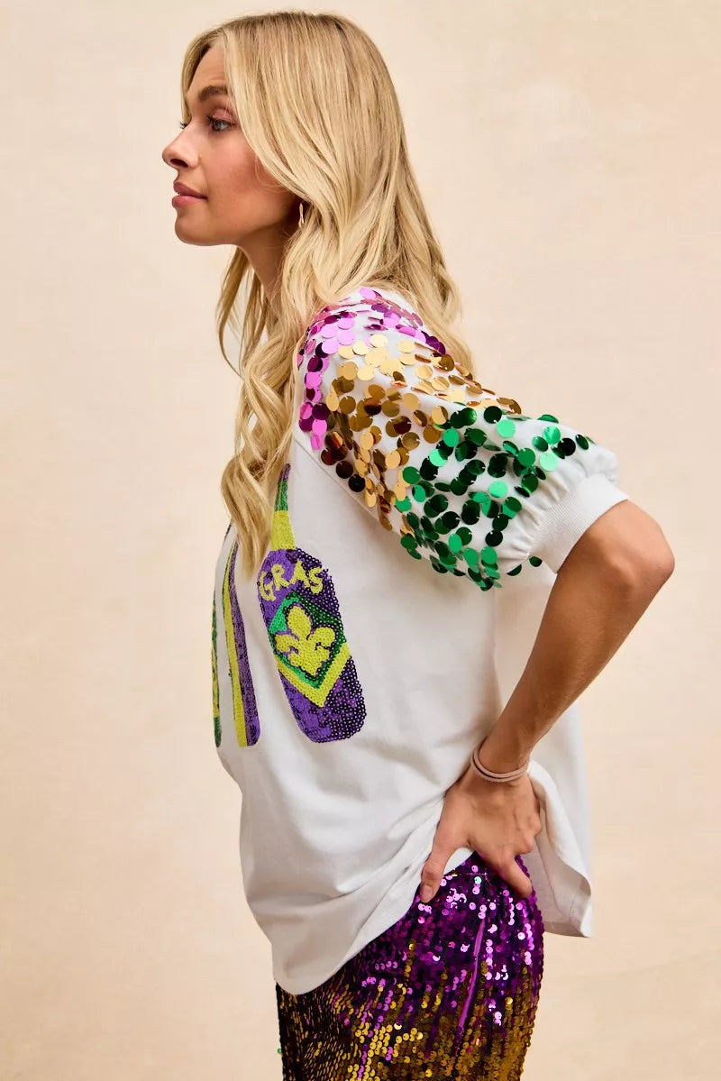 Sequin Mardi Gras Bottles Spangled Sleeve Top