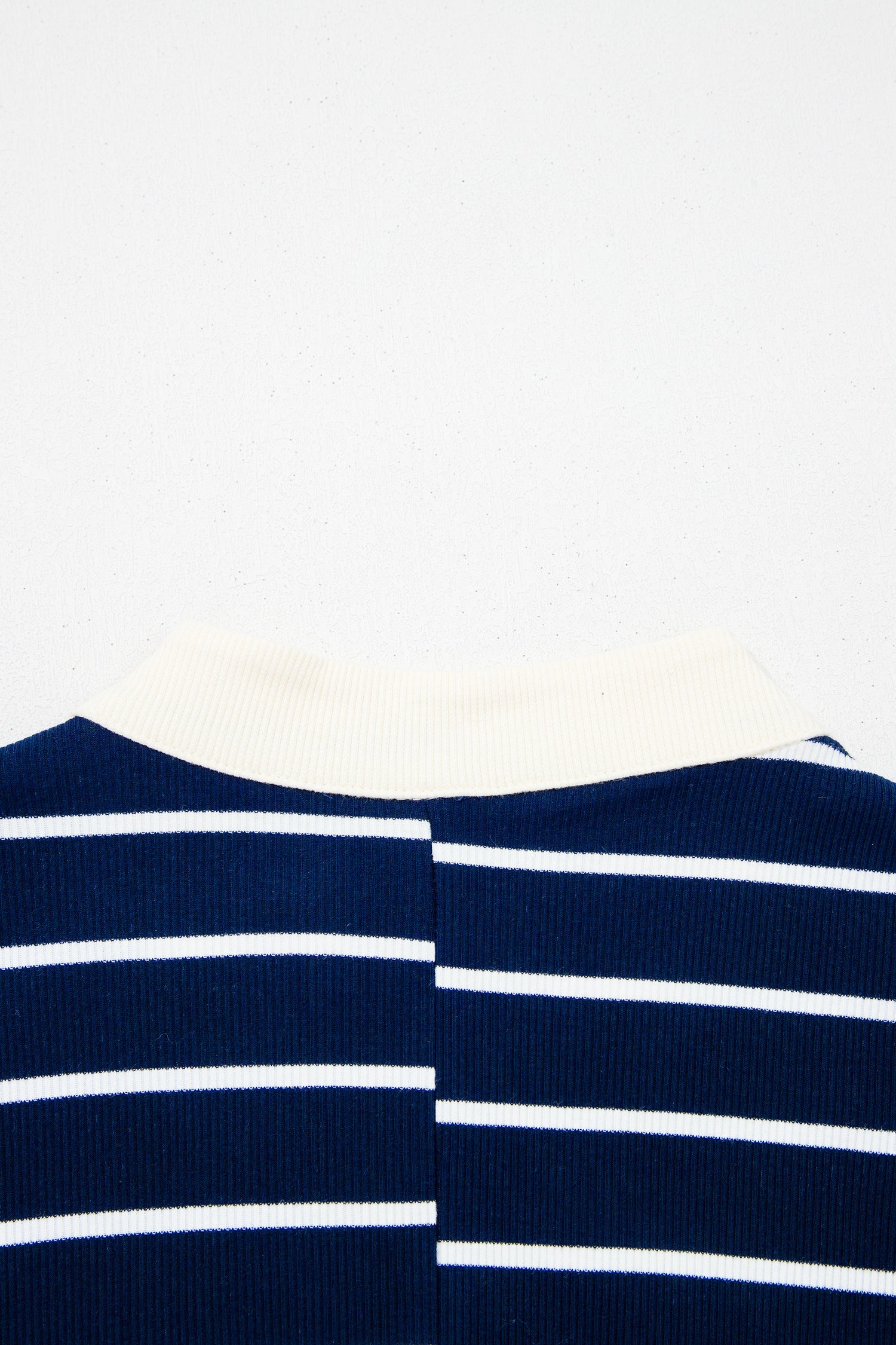 Blue Stripe Stand Collar V Neck Elastic Cuffs Half Sleeve Dolman Top