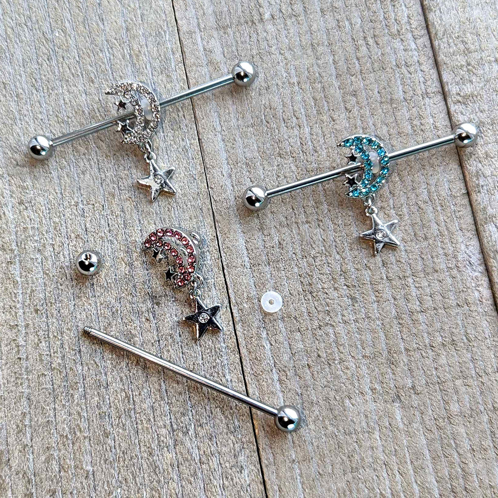 14G Blue CZ Gem Moon Dangle Star Industrial Barbell 38mm