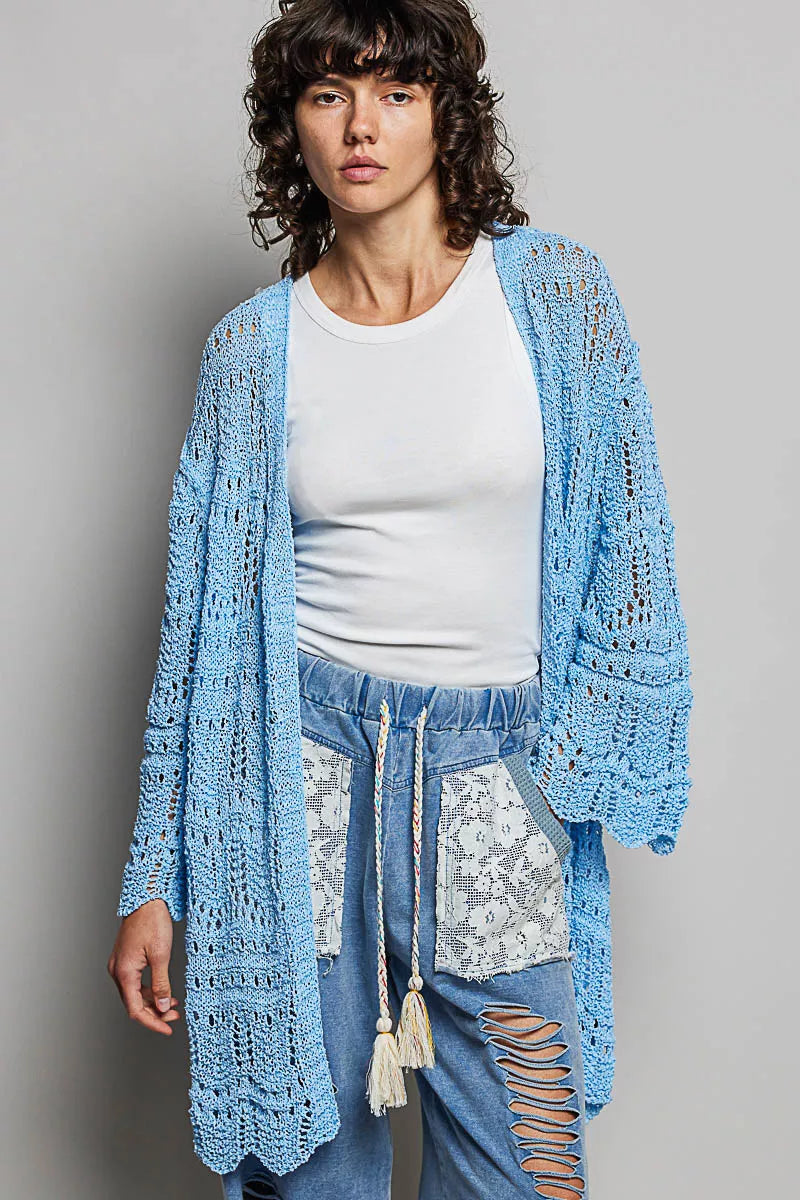 Openwork Lightweight Open Front Cardigan with Scalloped Edge