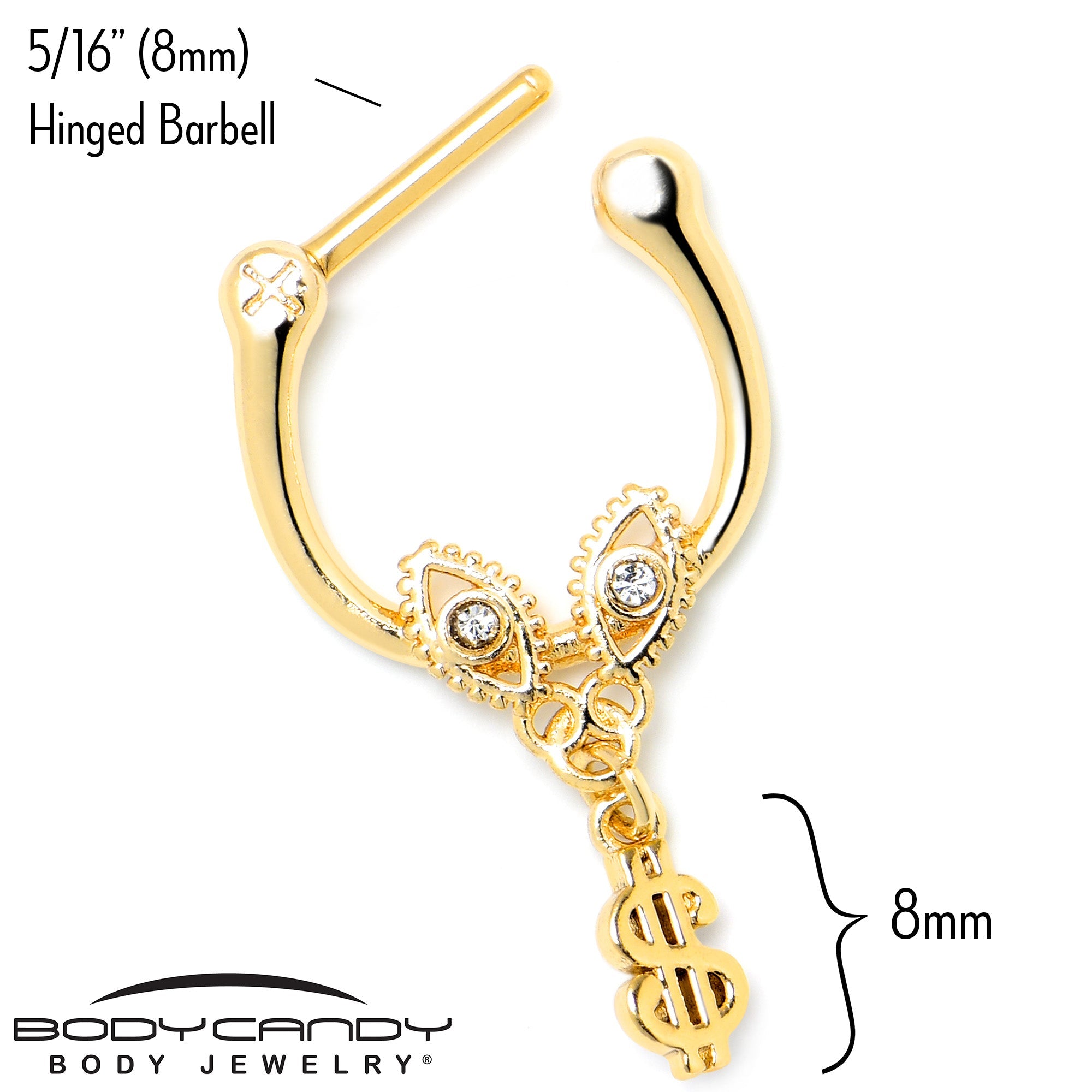 16G 5/16 Clear Gem Gold Hue Seeing Money Dangle Cartilage Clicker