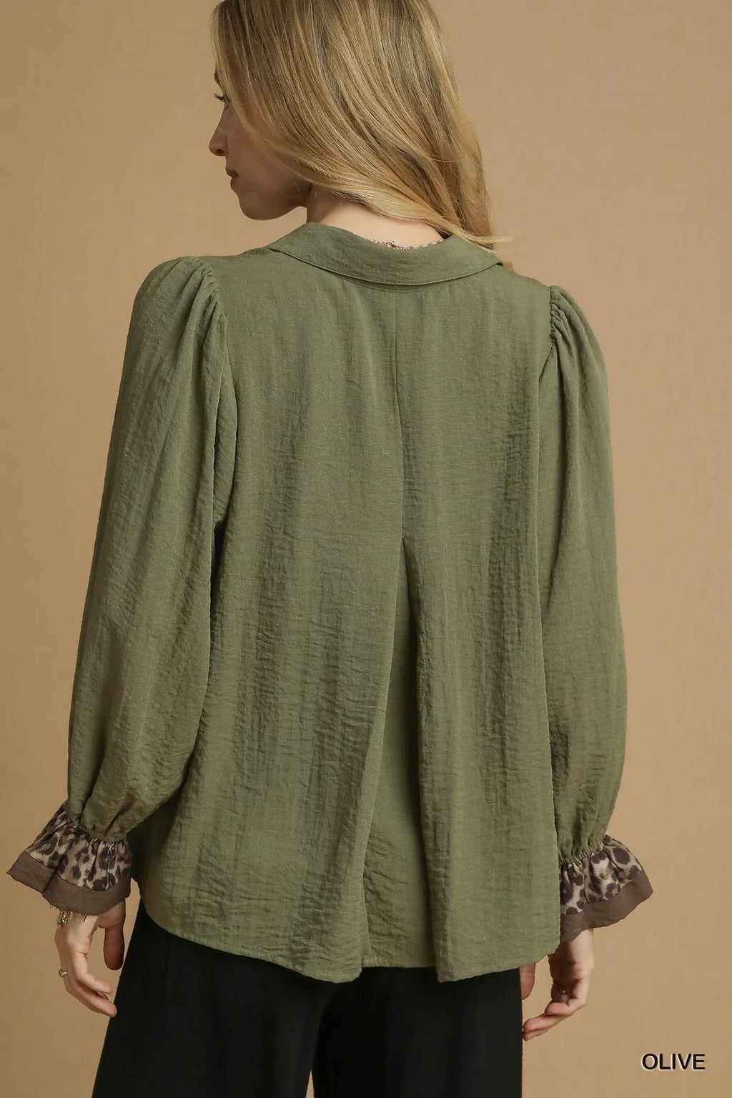 Half Button Blouse with Leopard Print Trim