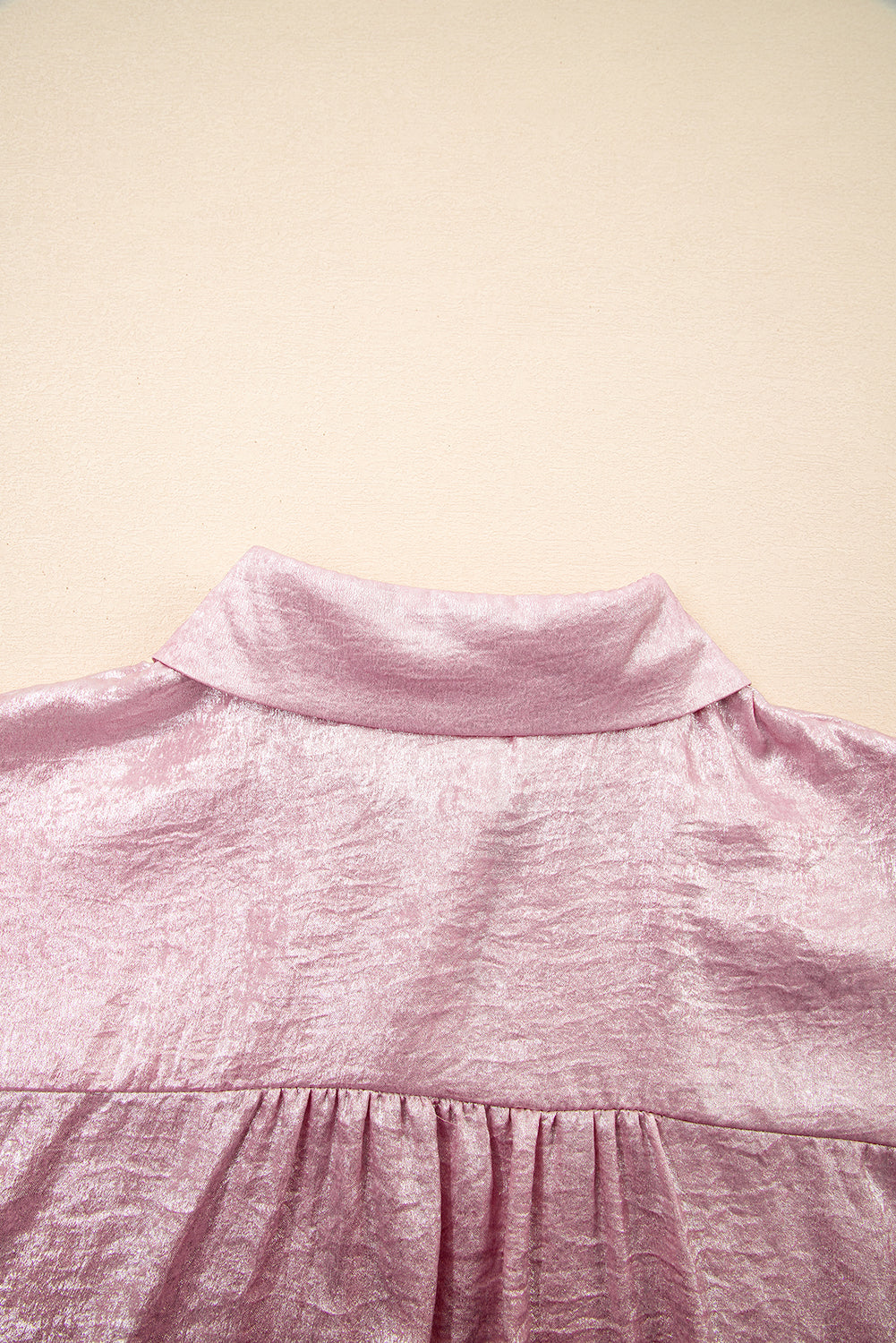 Pink Metallic Sheen Short Sleeve Buttoned Front Casual Shirt