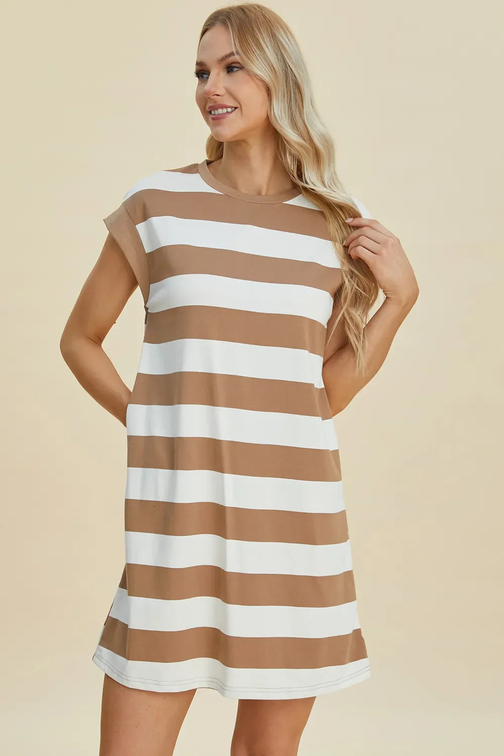 Full Size Striped Round Neck Cap Sleeve Mini Dress