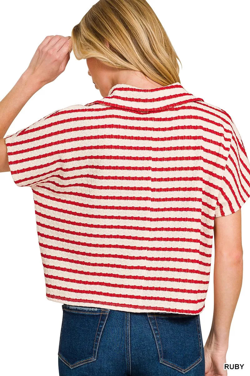 Striped Split Neck Collared Top