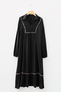 Black Collared V Neck Smocked Detail Contrast Leopard Trim Bracelet Sleeve Long Dress