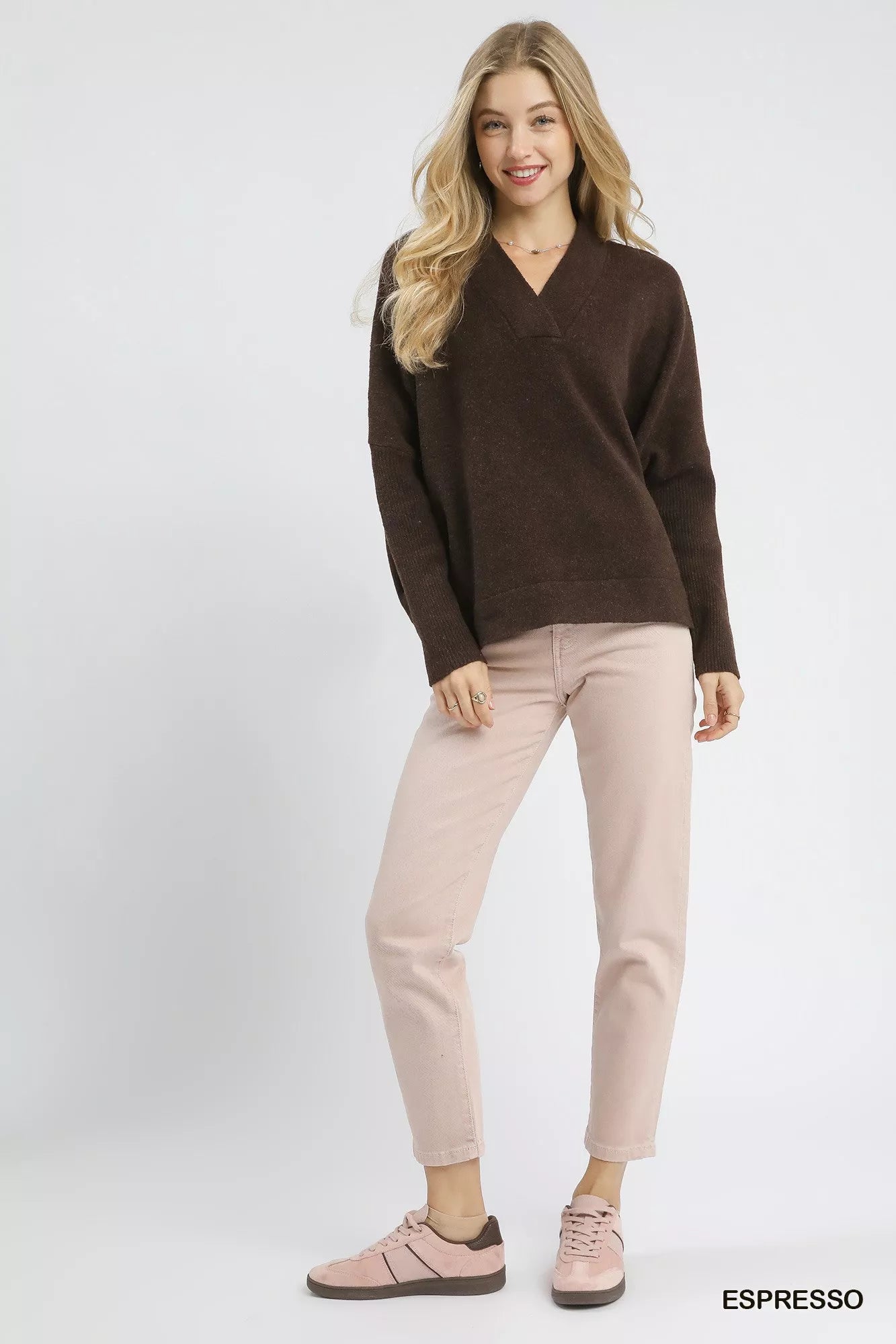 V-Neck Sweater with Wide Trim Detail