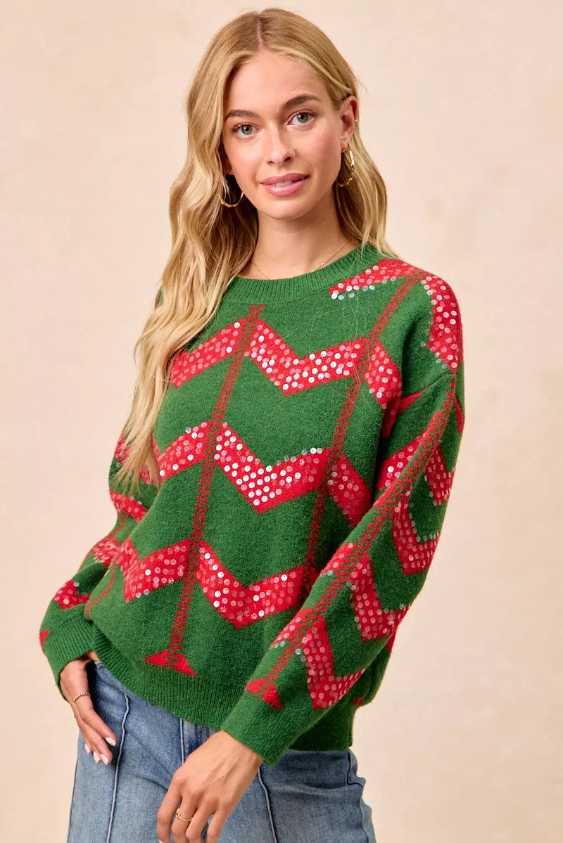 Christmas Theme Chevron Sequins Detail Sweater