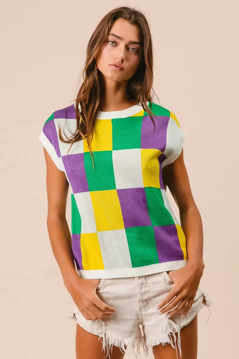 Mardi Gras Checker Pattern Sleeveless Sweater Top