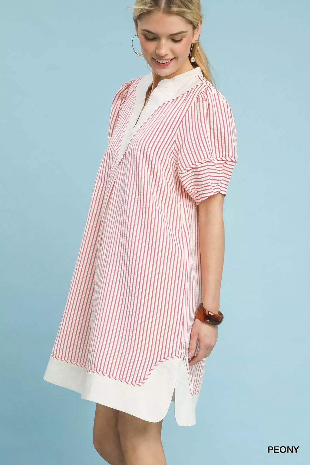 Pinstripe Shift Dress with Contrast Trim