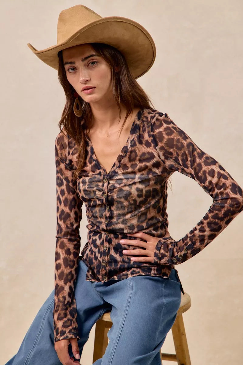 Leopard Printed Mesh Shirt With Button Up V Neck