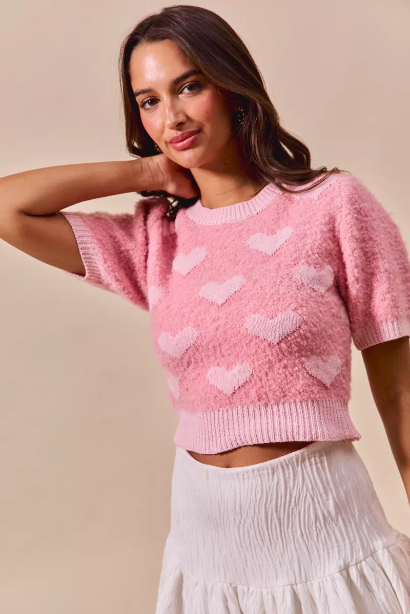 All Over Heart Valentine Cropped Sweater