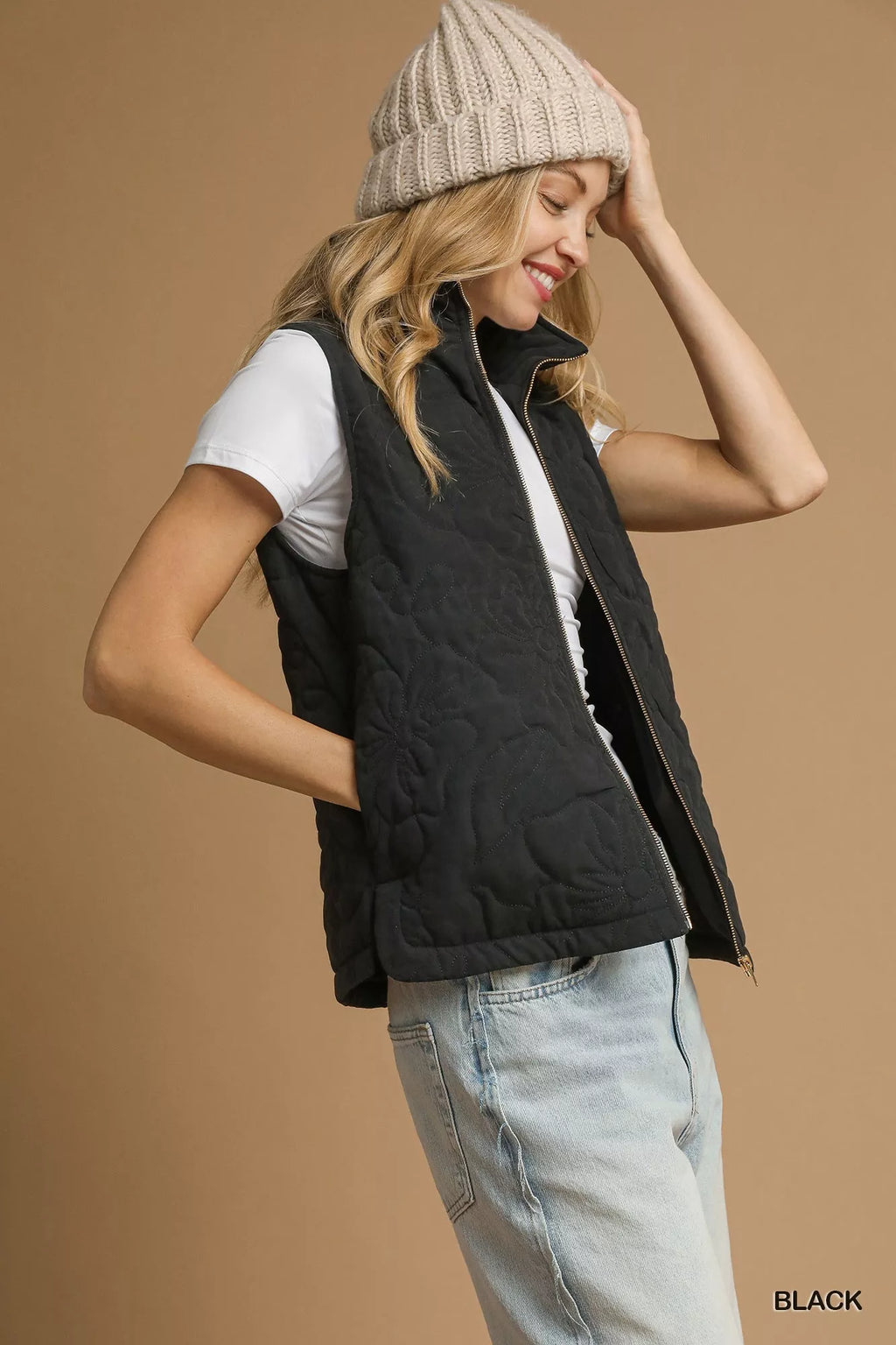Quilted Floral Zip Up Vest with Pockets