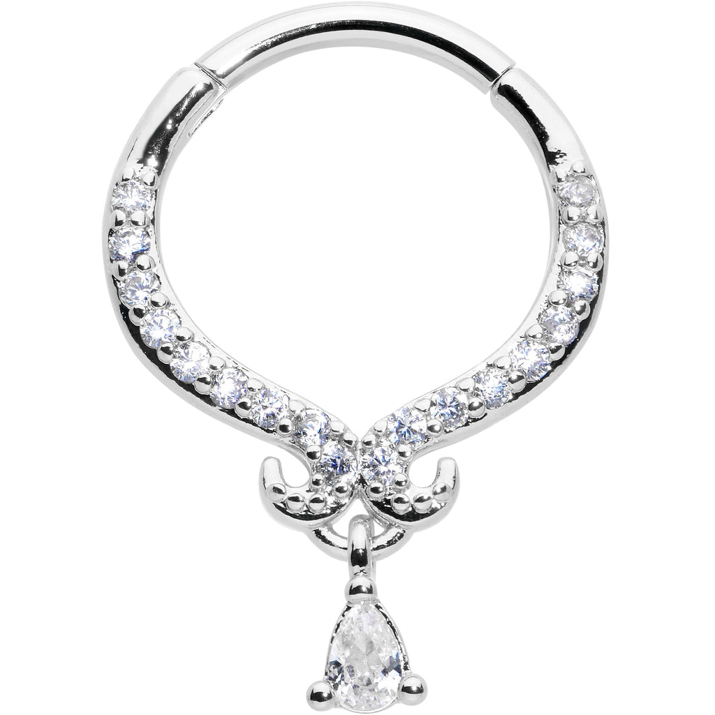 16G 3/8 Clear CZ Gem Elegant Curves Dangle Hinged Segment Ring