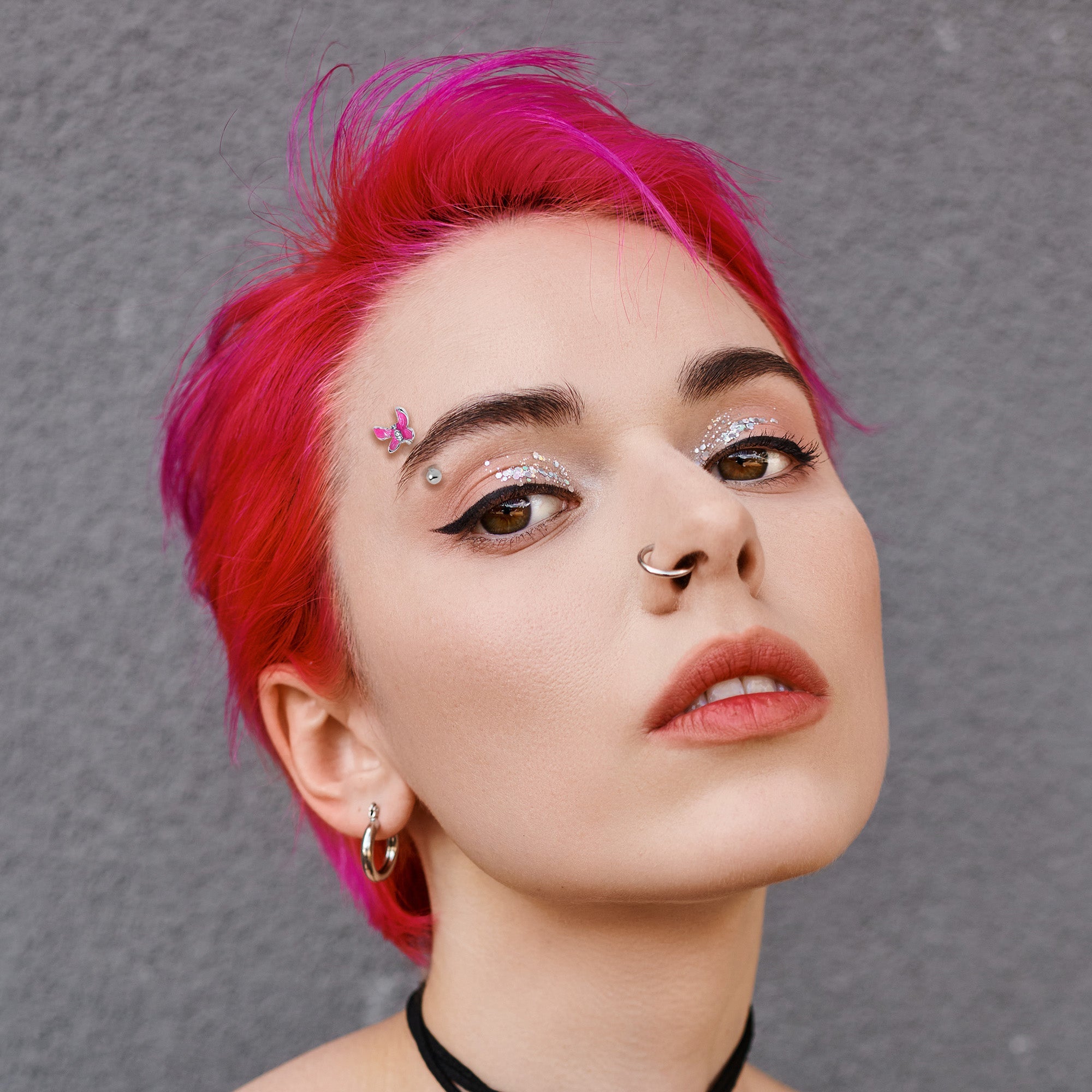 16G 5/16 Clear Gem Chunky Butterfly Pink Curved Eyebrow Ring