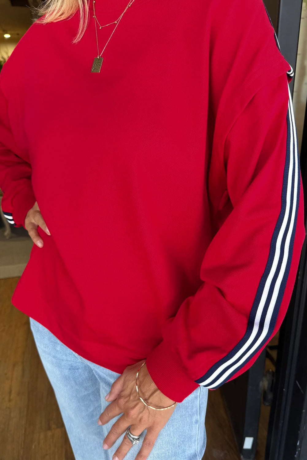 Fiery Red Contrast Striped Detail Varsity Sweatshirt
