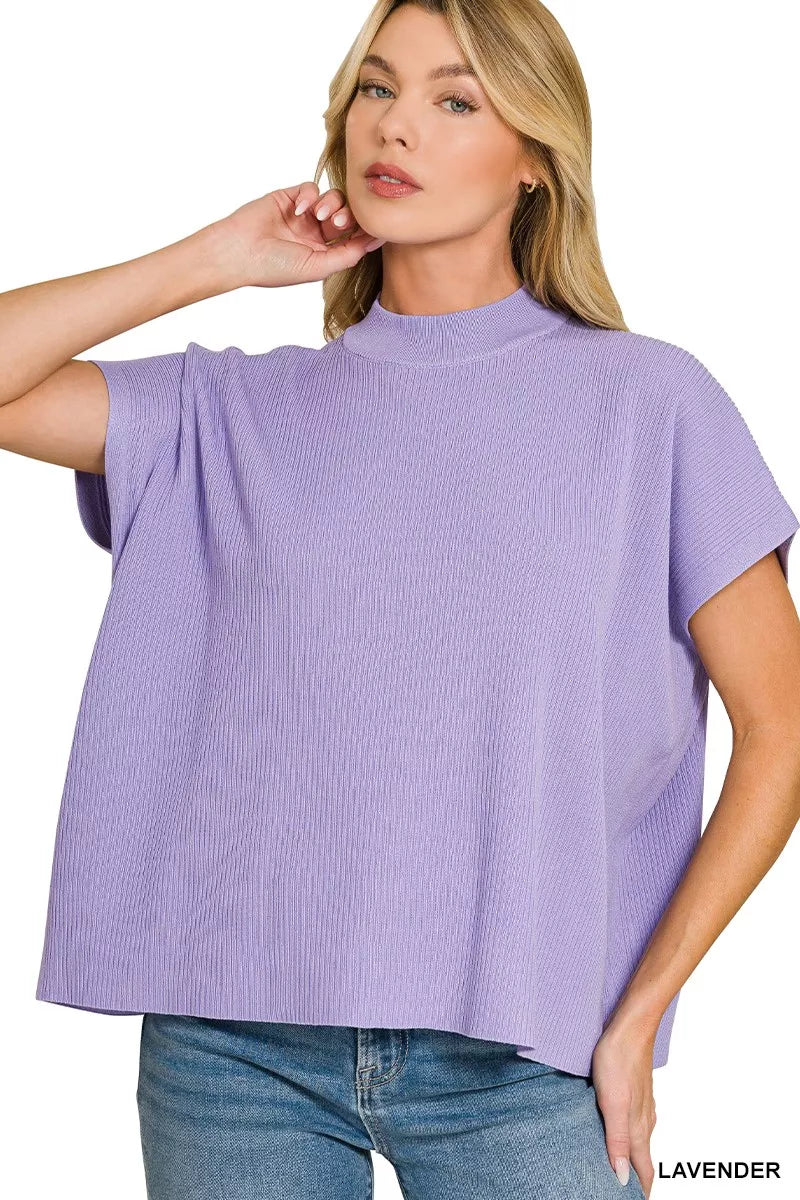 Viscose Mock Neck Short Sleeve Boxy Sweater