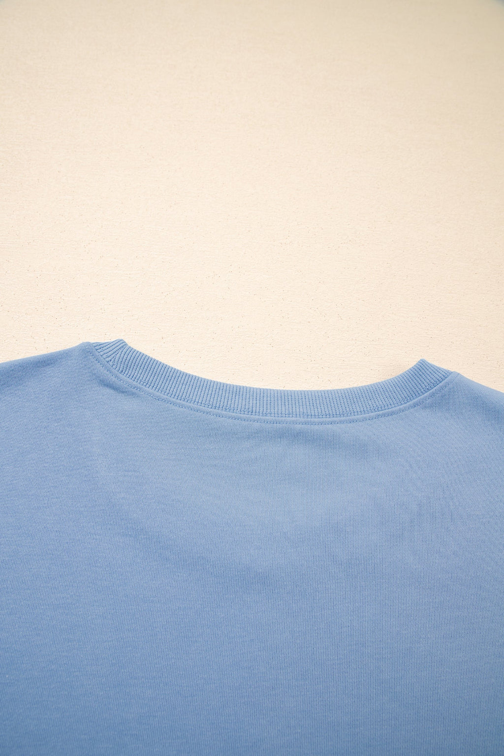 Sky Blue Solid Color Contrast Textured Patchwork Raw Edge 2pcs Short Set
