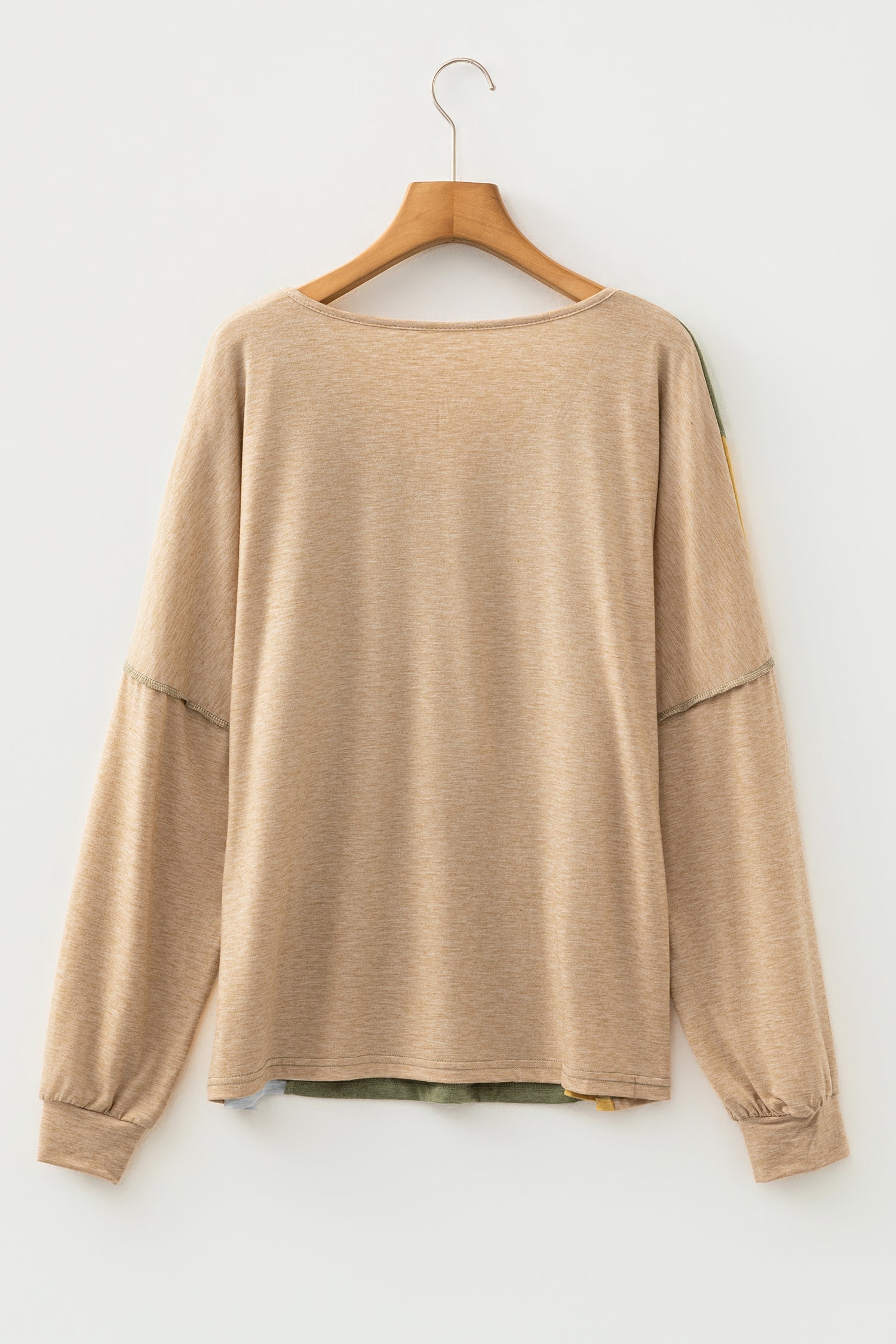 Jungle Green Exposed Stitching Colorblock V Neck Long Sleeve Top