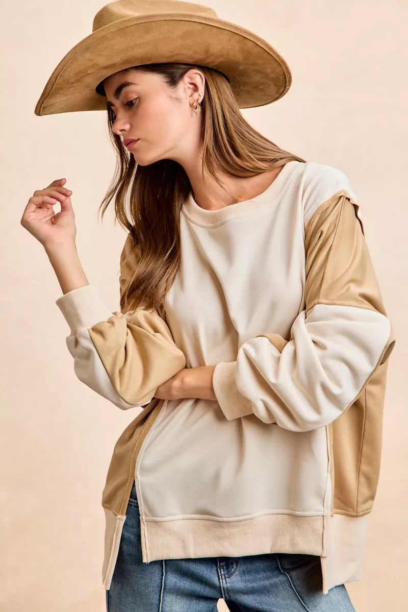 French Terry Color Block Top With Open Seam Detail