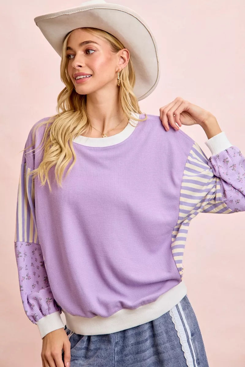 Mix and Match Sweatshirt with Floral Sleeve Striped